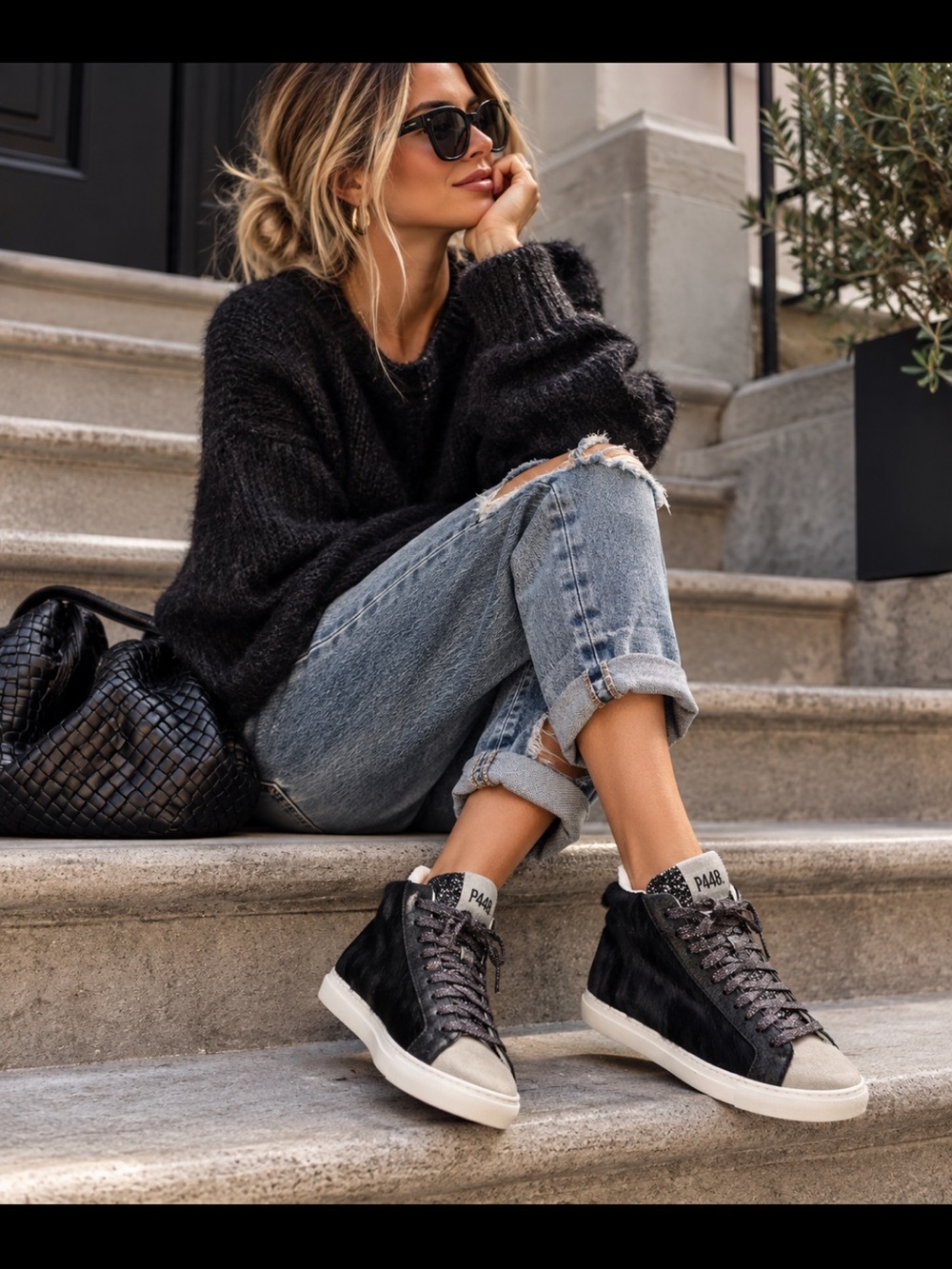 P448 (Italy) Women Calskin/Suede Skate Hightop Sneakers in Black /Grey Size 40
